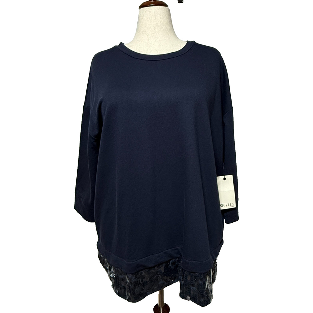 Stylus Top Womens 2X Blue Sequins Hem Pullover 3/4 Sleeve Party Cocktail NWT